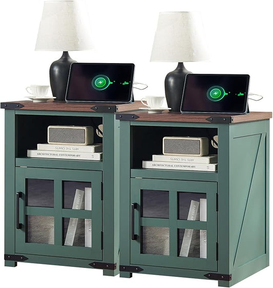 Farmhouse Nightstand with Charging Station, Rustic End Table with Tempered Glass Barn Door, Wood Sofa Side Bedside Table with Open Storage Shelf for Living Room, Bedroom, Green, 2 Pack