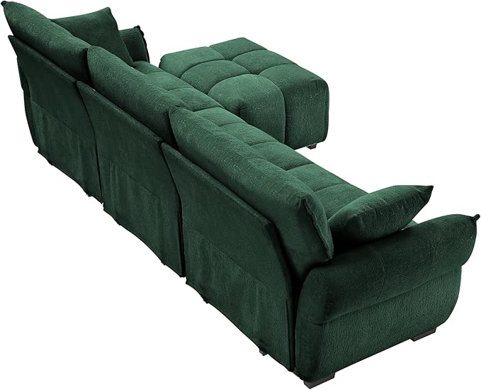 Modern Chenille Fabric 3-Seat Sofa w/Ottoman+2 Pillows, Premium Upholstery Living Room Couch with Tufted Backrest & Comfortable Armrests and High-Resilience Memory Foam Cushions,Green