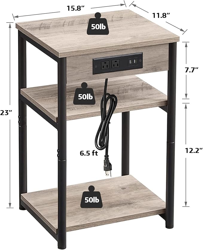 TUTOTAK End Table with Charging Station, Nightstand, 3-Tier Couch Side Table with USB Ports and Outlets, Bedside Table for Small Space, Living Room TB01BG026