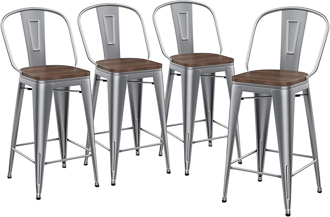 Yongqiang 24 inch Bar Stools Set of 4 High Back Kitchen Counter Height Bar Chairs Silver Metal Barstools with Large Wooden Seat