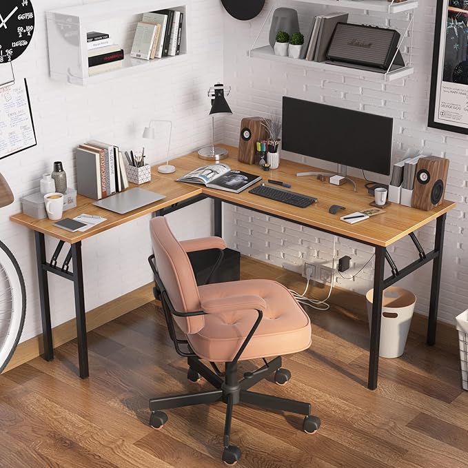 Need L Shaped Folding Desk, Reversible Computer Desk for Home Office, Large Foldable Gaming Desk Table Workstation, Teak and Black