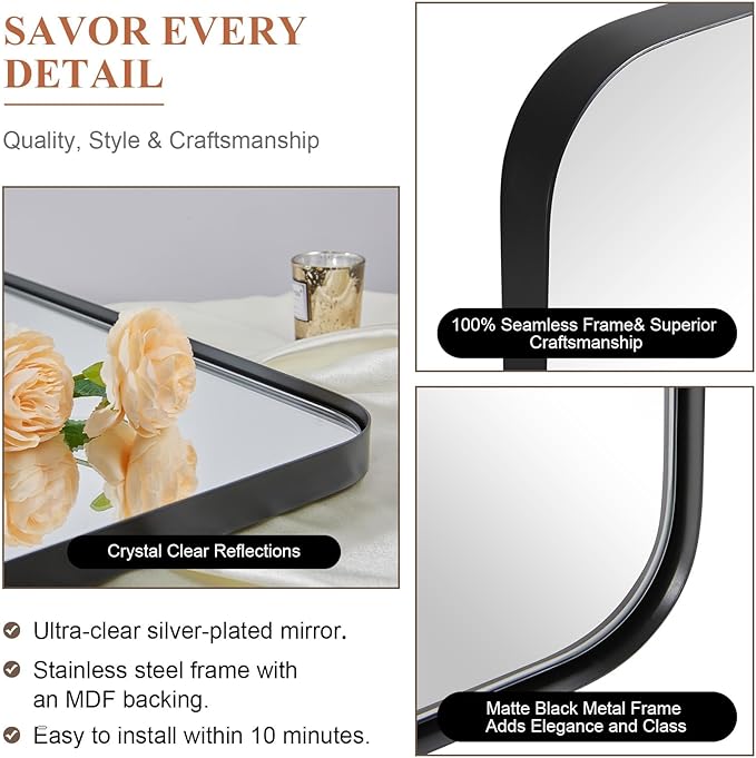 ANDY STAR Wall Mirror for Bathroom, 30x36 Matte Black Bathroom Mirror, Modern Stainless Steel Metal Frame Rounded Corner Rectangle Mirror for Vanity