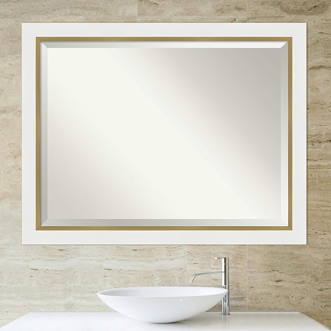 Amanti Art White Bathroom Mirror for Over Sink, 35x45 Eva White Gold Rectangle Vanity Mirror, X-Large Modern Contemporary Frame, Hangs Horizonally and Vertically, Bathroom Wall Decor, Beveled Edge