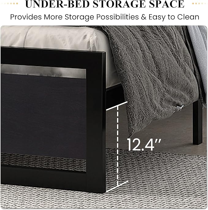 SHA CERLIN Queen Size Bed Frame with Modern Headboard, Heavy Duty Platform Metal Base with Square Footboard and 13 Strong Slats Support, No Box Spring Needed, Black