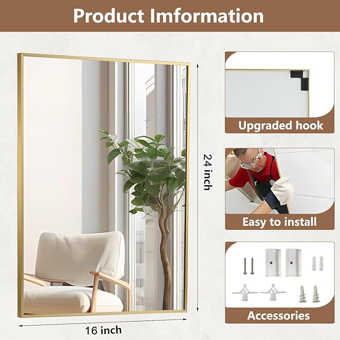 Gold Bathroom Mirror, 16"x24" Rectangle Mirror, Brushed Gold Mirror, Metal Frame Square Corner Vanity Mirror, Wall Mounted Mirror for Modern, Living Room, Bedroom, Horizontal Or Vertical