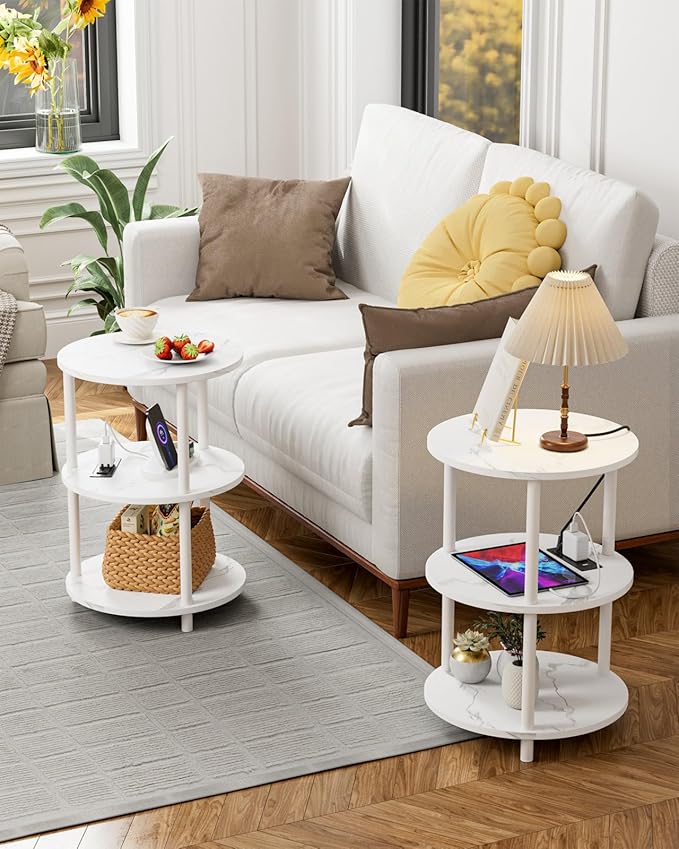 Small Round End Table - 3 Tier Design Accent Table, Narrow Side or Bedside Stand, Industrial Vintage Table for Small Spaces, Built-in USB Ports and Power Outlet, Marble White