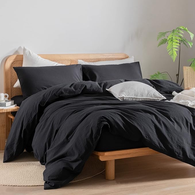 BESTOUCH Duvet Cover Set 100% Washed Cotton Linen Feel Super Soft Comfortable Chic Lightweight 3 PCs Home Bedding Set Solid Deep Black Oversized King