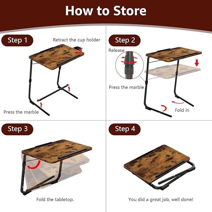 TV Trays Set of 2 - Folding TV Tray Adjustable Dinner Trays for Eating On Couch Wooden Tables Mate Stand Foldable Rustic Desk with Cup Holder Portable