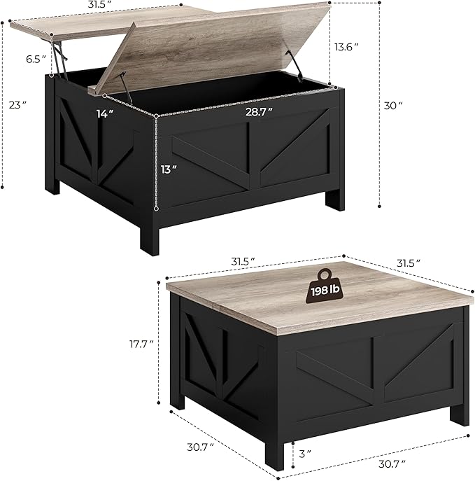 Yaheetech Lift Top Coffee Table with Storage, Square Coffee Table for Living Room, 31.5 Inches Center Tables with Large Hidden Storage Compartment for Home Office, Black&Gray