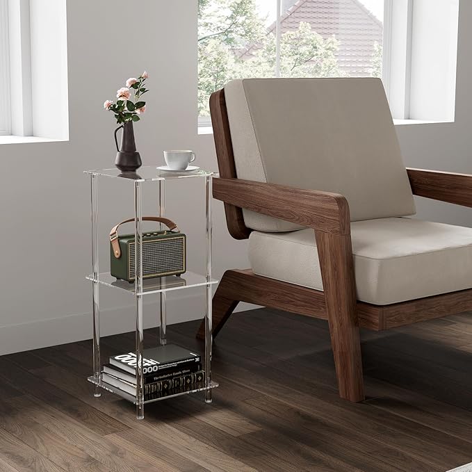 HMYHUM Acrylic Side Table for Small Spaces, 11.8" L x 11.8" W x 28" H, Small Nightstand/Bedside/End Table for Living Room, Bedroom, 3-Tier, Square, Clear