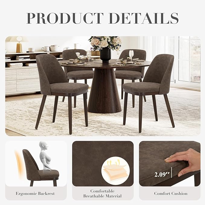 COLAMY Upholstered Dining Chairs Set of 6, Modern Kitchen Chairs with Back, Leather Side Dining Room Chairs with Wood Legs for Kitchen Dining Room Restaurant, Dark Brown