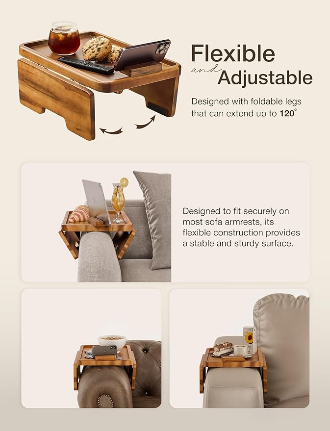 HOLANA 15.75" Acacia Couch Armrest Table with 360° Rotating Phone Holder, Wooden Couch Tray – Sofa Side Table, Armchair Caddy for Home Sofa Living Room (Acacia)