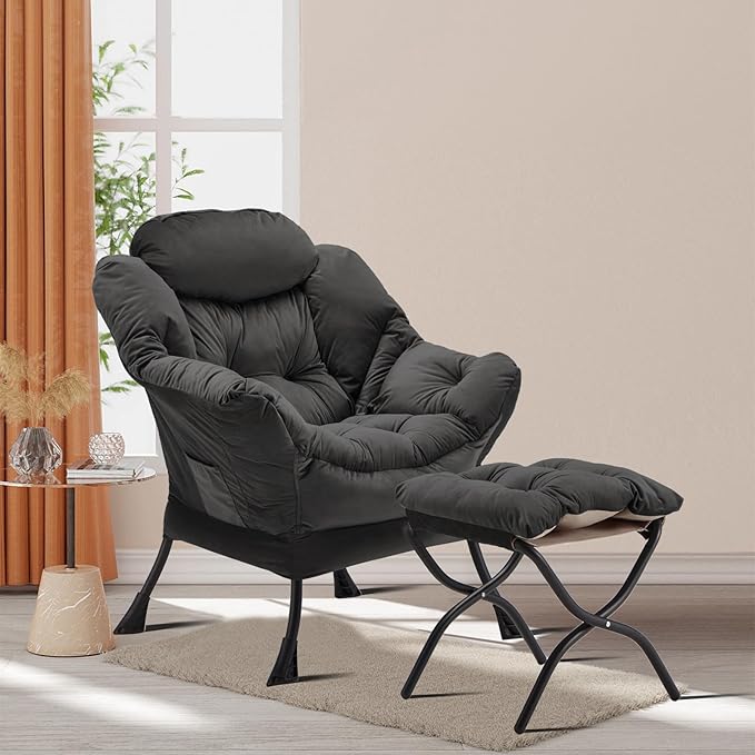 Lazy Chair with Folding Ottoman, Accent Chair Velvet Upholstered with Metal Structure and Non-Slip Pads, Sofa Armchair with Footrest and Side Storage Bag for Dorm, Office, Charcoal