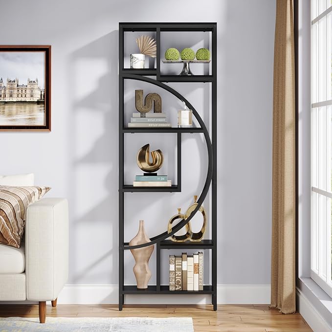 Geometric Bookshelf, 70.9" Tall Bookcase with 7-Shelf Open Shelves, Wood Metal Book Shelf Display Rack Storage Shelving Unit for Office, Bedroom, Living Room, Easy Assembly, Black