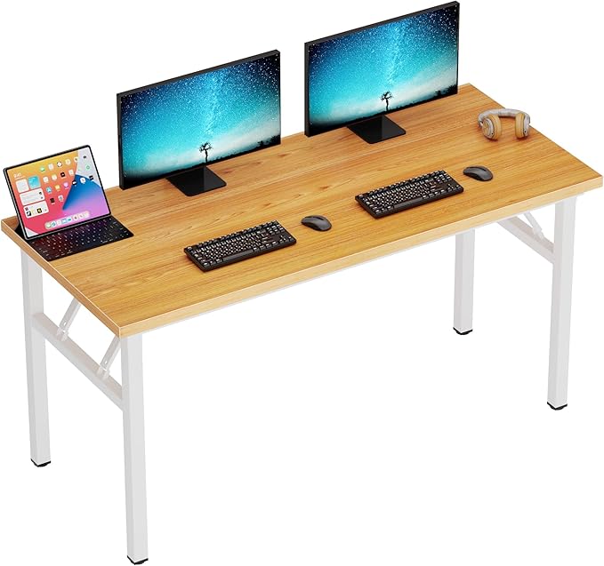 DlandHome Computer Desk 62 inches Office Desk Computer Table Study Writing Desk Workstation for Home Office Metal Frame Teak and White