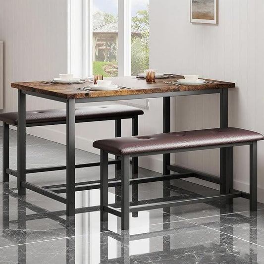 Garvee Dining Table with 2 Benches, Kitchen Table with 2 Upholstered Benches Rectangular Space Saving for Apartment, Dining Room, Kitchen, 44.5 Inches Large, Rustic Brown