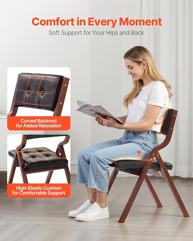 VEVOR Wooden Folding Chairs with Leather Cushion, Set of 2, Portable Foldable Cushion Chair with Wooden Frame, Easy Assembly, Modern Leather Padded Dining Chair for Office, Wedding, Party, Home, Black