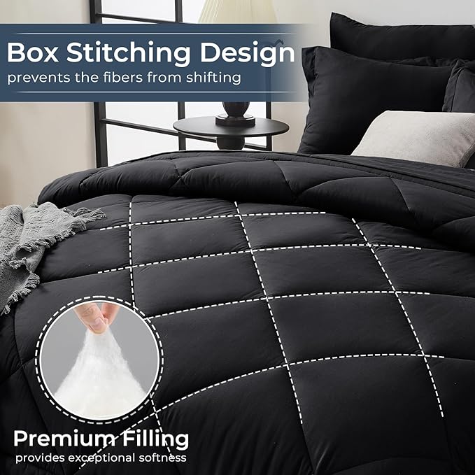 HEVUMYI Black 120x98 Oversized King Comforter Set - 7-Piece All Season Bed in a Bag Oversized King, Ultra Soft Bedding Set with 120 x 98 Comforter, Flat Sheet, Fitted Sheet, Pillowcases, Pillow Shams