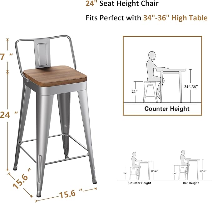 WENTMENT Bar Stools Set of 4 Counter Height Stools with Removable Back 24" Kitchen Bar Stools with Wooden Seat, Silver