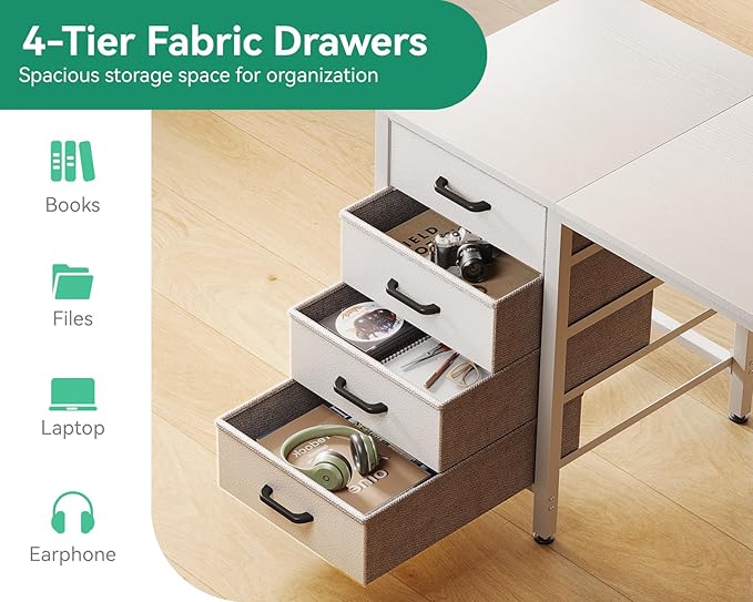 Casaottima 48-Inch Computer Desk with 4 Fabric Drawers — Home Office Desks with Storage, Writing Desk with Side Hook and Cloth Bag, Modern Study/Work Table for Bedroom and Small Space, White
