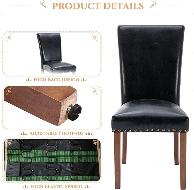 Parsons Dining Chairs Set of 4, Upholstered Nailhead PU Leather Dining Room Kitchen Side Chair with Thick Cushions and Wood Legs, Black