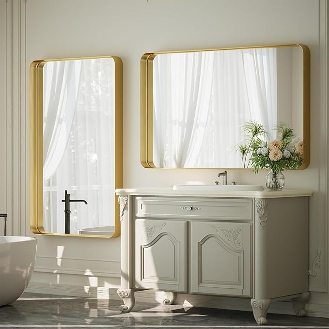 55"x 30" Gold Bathroom Mirror - Aluminum Framed Wall Mirror, Bathroom Wall Mounted Vanity Mirror, Bedroom, Living Room Wall Mirror, Hang Horizontally or Vertically
