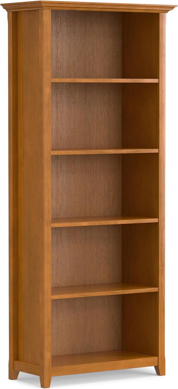 SIMPLIHOME Amherst Bookcase - 70 inch Tall 5-Shelf Solid Wood Bookshelf in Light Golden Brown, Transitional Storage for Living Room, Study Room or Office with Adjustable Shelves and Tapered Legs