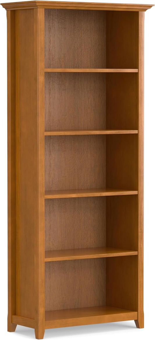 SIMPLIHOME Amherst Bookcase - 70 inch Tall 5-Shelf Solid Wood Bookshelf in Light Golden Brown, Transitional Storage for Living Room, Study Room or Office with Adjustable Shelves and Tapered Legs