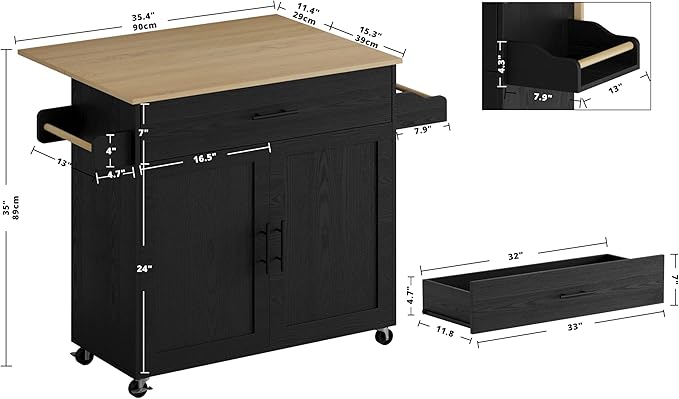 IRONCK Kitchen Island with Storage, Rolling Kitchen Island on Wheels with Drop Leaf, Charging Station, 3 Open Spice Rack, Cabinet, Drawer, Kitchen Cart Island Table for Kitchen, Black