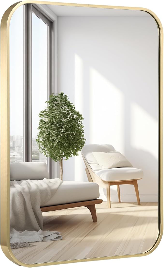 30x40 Inch Bathroom Mirror for Wall,Gold Framed Rectangle Mirror with Rounded Corner,Aluminum Alloy Framed Brushed Wall Mirror for Bedroom or Living Room,Vertical or Horizontal
