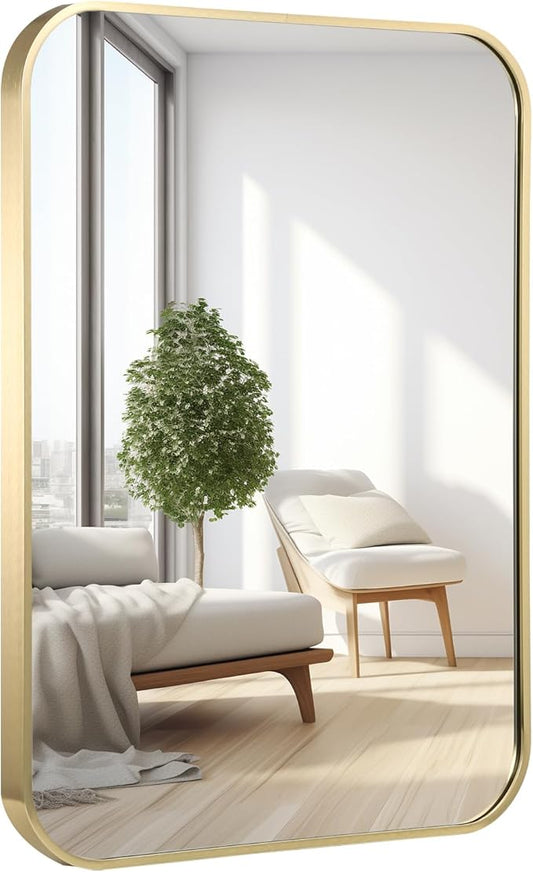 30x36 Inch Bathroom Mirror for Wall,Gold Framed Rectangle Mirror with Rounded Corner,Aluminum Alloy Framed Brushed Wall Mirror for Bedroom or Living Room,Vertical or Horizontal