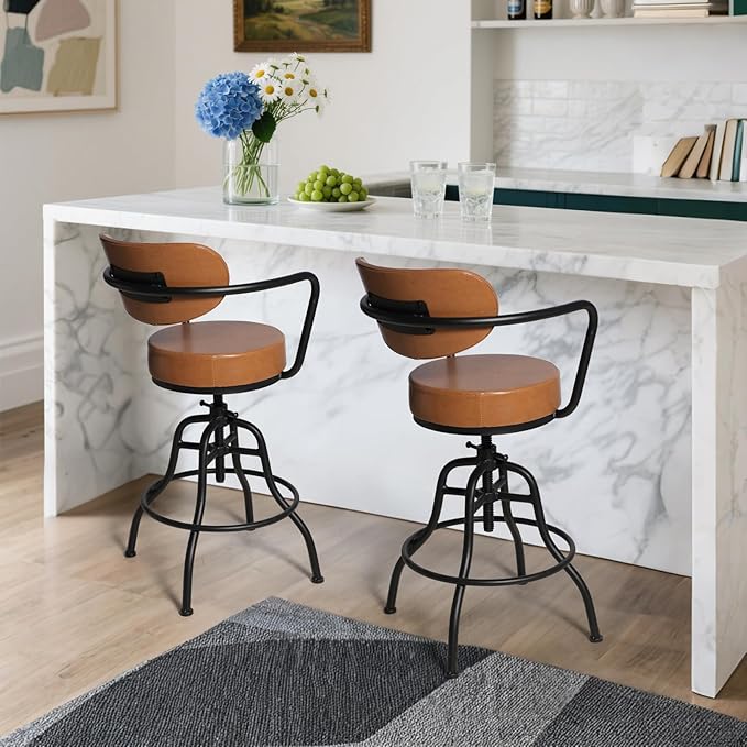 Diwhy Industrial Design Adjustable Height 21.65" - 26" Brown Leather Upholstered Backrest Seat Arm Chair Vintage Counter Stool