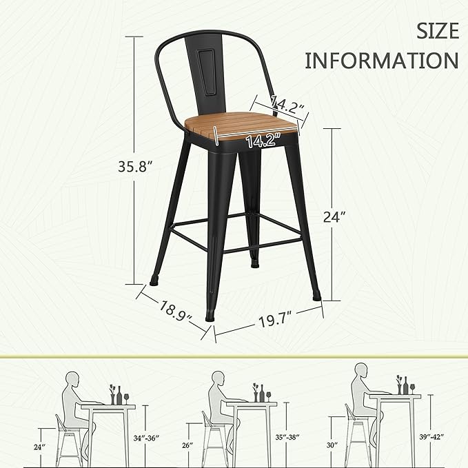 Outdoor Metal Bar Stools Set of 4,24 inch Barstools Counter Height Bar Stool with High Back Farmhouse Kitchen Dining Chairs Bar Funiture for Outside