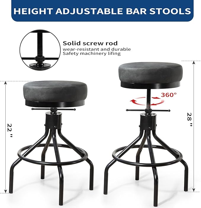 Grey Swivel Bar Stools Set of 2 Adjustable Swivel Round Barstools Modern PU Leather 28inch Industrial Backless Counter Height Stool Bar Chair for Kitchen Island (2, Grey)