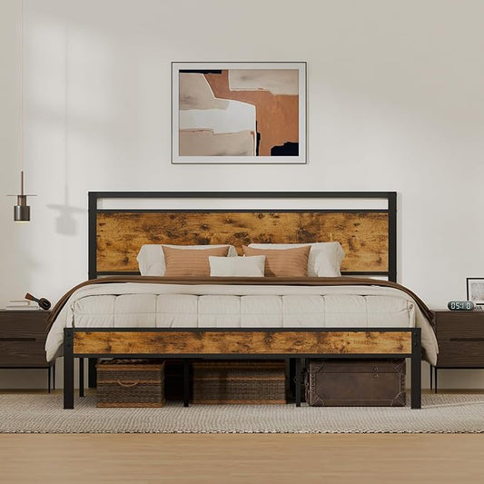 Z-hom Upgraded King Size Bed Frame, Heavy Duty Metal Sturdy King Bed Frame with Modern Wood Headboard & Footboard, Stable Platform Bed Furniture Bed Storage, No Noise, No Box Springs, Vintage Brown