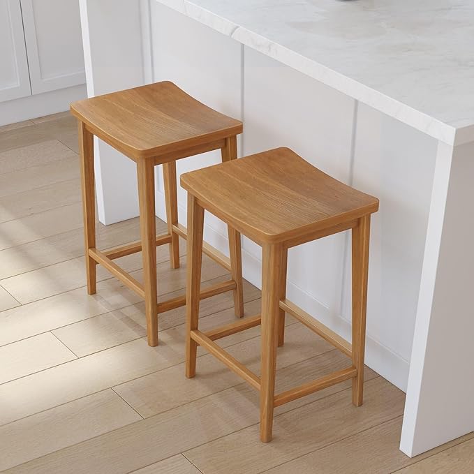 Plank+Beam Smythe Counter Stool, 24", Set of 2, Sturdy Wood Modern Kitchen Counter Height Stool, Saddle Seat Backless Counter Chair, Metal Footrest, Pecan