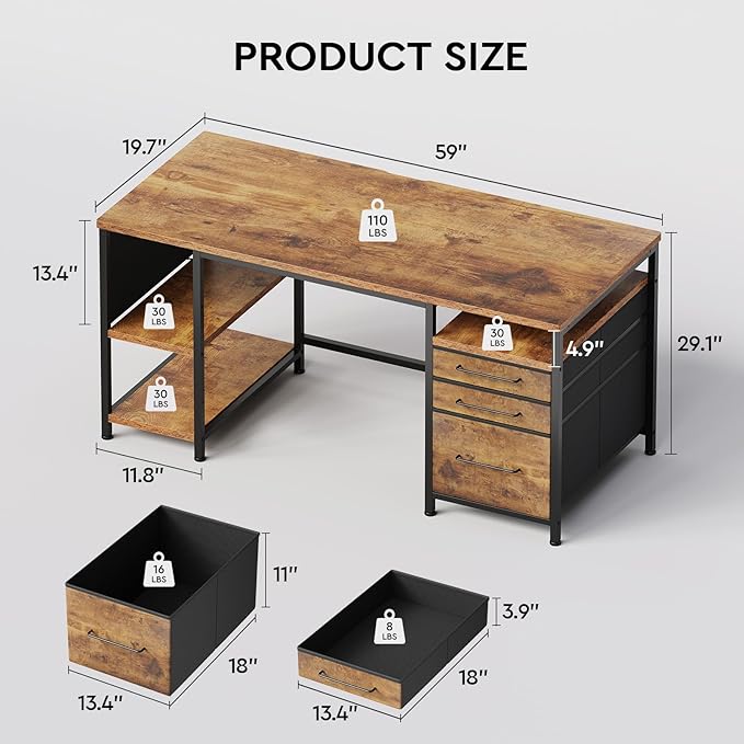 Ｍａｉｈａｉｌ 59" Computer Desk with 3 Fabric Drawers and Wooden Shelves for Home Office, Study, Bedroom, Work-from-Home Games & Desk, Rustic Brown