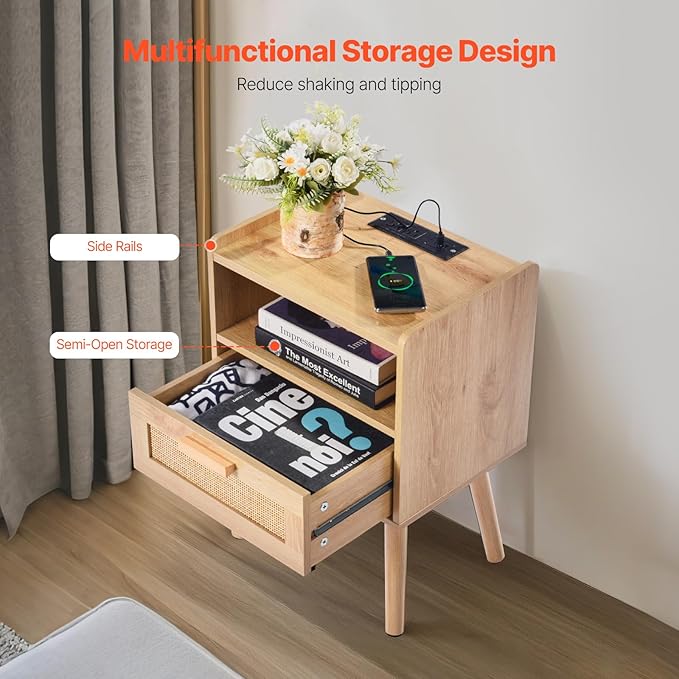 VEVOR Rattan Nightstand, Boho Bedside Table with Drawer Open Shelf, End Table Wooden Nightstand with Solid Wood Legs, Rattan Side Table with Charging Station, for Bedroom