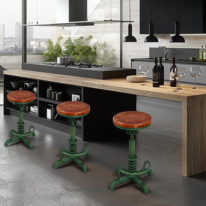 LOKKHAN American Antique Steampunk Bar Stool 24.41"-28.35" Vintage Industrial Adjustable Swivel Backless Counter Stool for Dining, Breakfast, Pub, (Heavy Duty Metal & Wood, Aged Green, Brown Top)