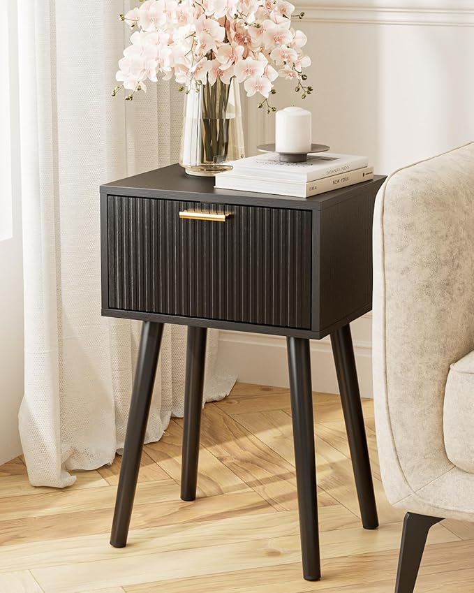 Night Stand, Black Nightstand with Fluted Door, Small Modern Mid-Century Bedside Table for Bedroom, End Table for Living Room
