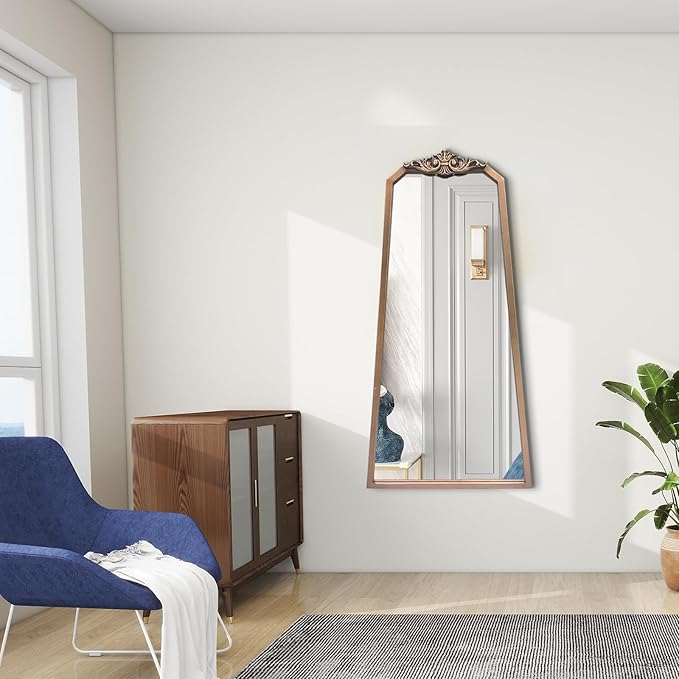 POZINO Brass Vintage Mirror,47.2"x 24" Arched Decorative Wall Mirror with Metal Frame, Ornate Gold Crown Molding, Traditional Antique Trapezoid Mirrors for Entryway Fireplace Living Room Bathroom