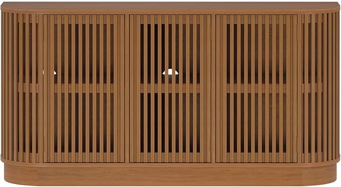 Plank+Beam Contour Wood TV Stand, Three Door Solid Wood Entertainment Console with Storage, 59" L x 16" W x 30" H, Pecan