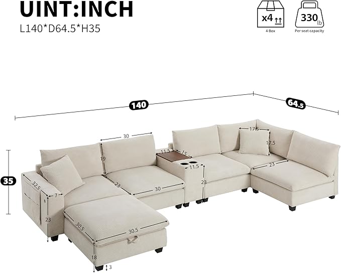 Merax 140'' Oversized Modular Sectional Sofa with Storage Ottoman and Console, Removable Storage Pockets, Cup Holder, Wide Seat, USB Charger, 6 Seat U Shaped Chenille Couch Set for Living Room, Beige