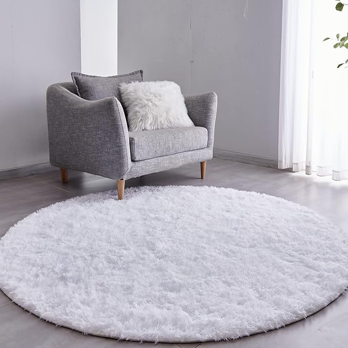 FJZFING White Round Rug Ultra-Soft Plush Modern 6x6 Circle Area Rug for Kid's Bedroom, Fluffy Shag Circular Rug for Nursery Room, Non-Slip Home Decor Cute White Carpet for Teen's Room