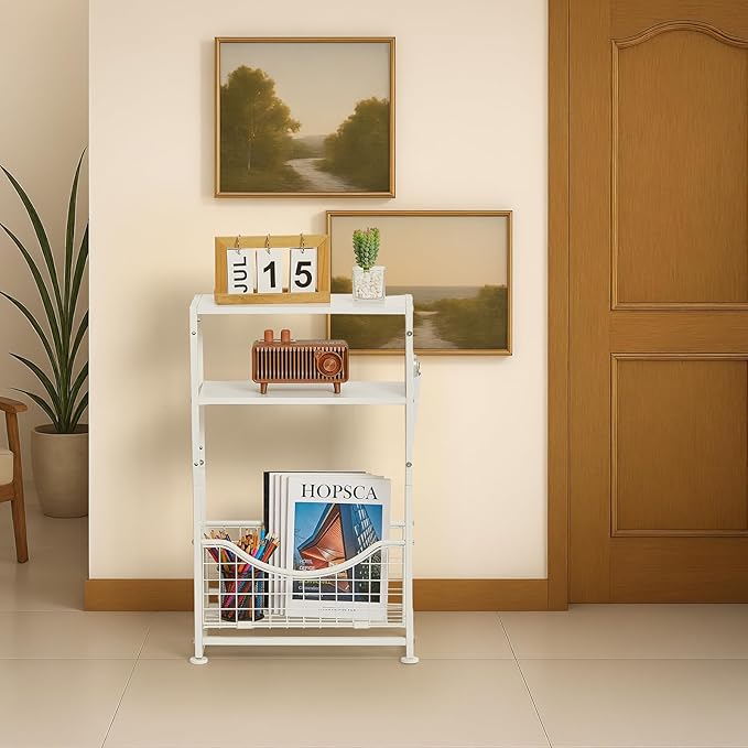 Narrow Side Table, Skinny Small End Tables with Magazine Holder, 3 Tier Small Sofa Side Table for Smalls Spaces, Sofa Couch Tables Bedside Table for Living Room Bedroom Office