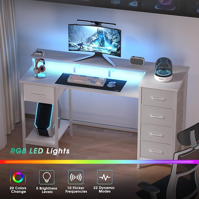 47 Inch Computer Gaming Desk with Power Outlets & LED Lights Reversible Home Office Desk with Adjustable 5 Fabric Storage Drawers for Working Writing Study, White Oak