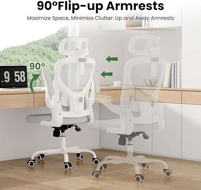 Ergonomic Office Chair, Comfy Home Office Chair High Back Computer Chair with Headrest, Adjustable Back Support, Flip-Up Arms, 90-120° Tilt and Wide Cushion, Up to 300lbs,White