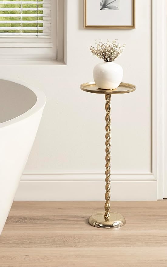 Kate and Laurel Ropa Transitional Round Pedestal Drink Table, 9 x 9 x 22, Gold, Decorative Cast Aluminum Mini Table with Spiral Rope Design for Use as Indoor Plant Stand or Living Room Accent