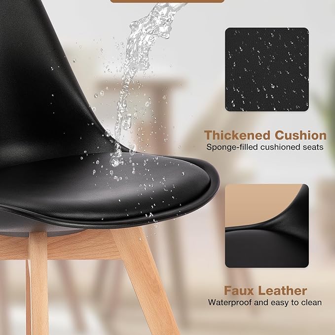 OLIXIS Set of 4 Dining Kitchen Mid-Century Modern Chairs with Wood Legs and PU Leather Cushion for Living Room Bedroom Outdoor Lounge, Black