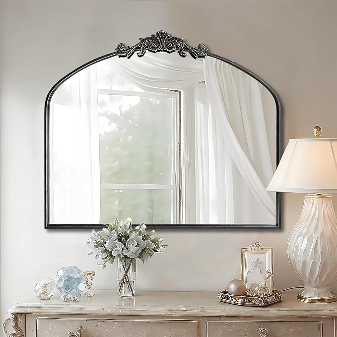WAMIRRO Ornate Black Mirror,Vintage Arched Baroque Antique Mirorrs for Living Room Hallway Fireplace Bathroom Entryway 36"X30"
